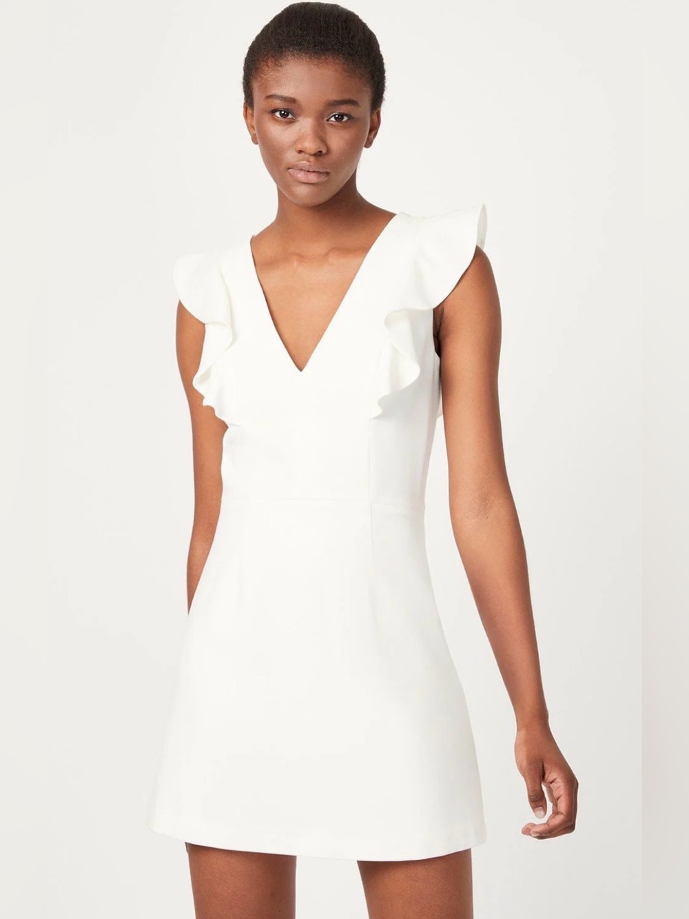 French Connection Summer Whisper White Ruffle V-Neck Mini Dress US 8 NWOT